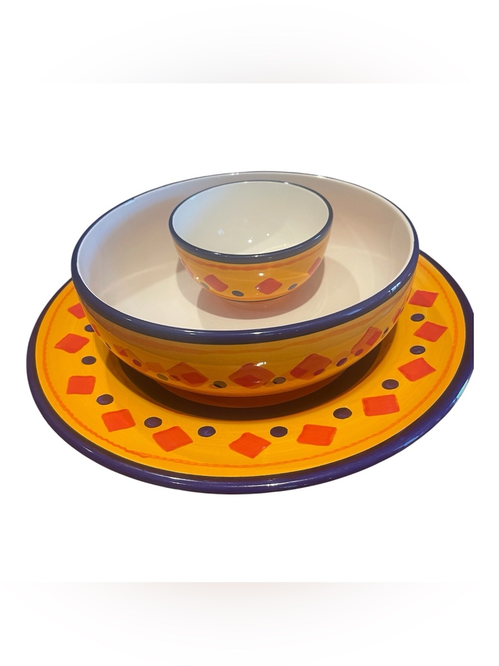 Libbey 3 Piece Serving Set Southwestern  Colorful Platter Dip Bowl Ceramic